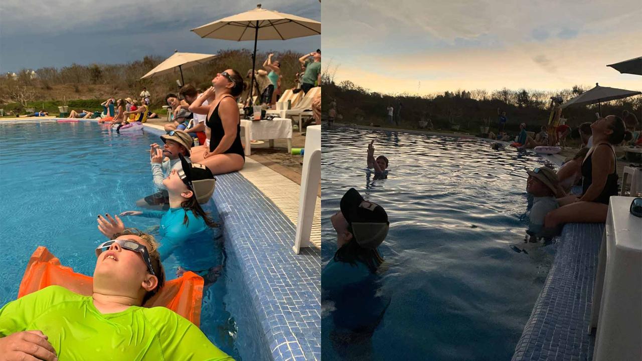 Two photos showing people watching the eclipse from a pool.